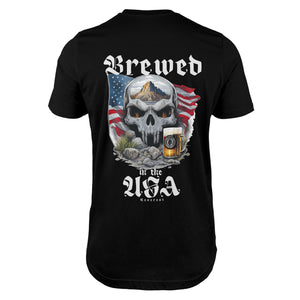 Back of Patriotic Skull Men's T-Shirt with the American flag in the center and 'Brewed in the USA' slogan above it