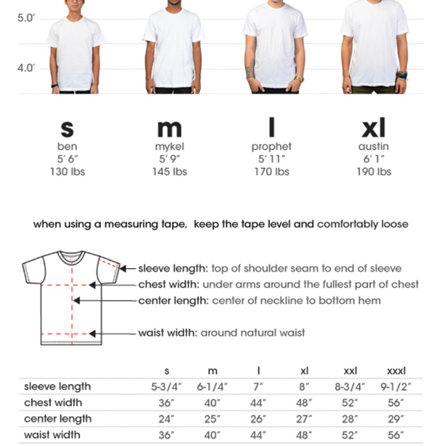 Size chart for the Patriotic Skull Men's T-Shirt showing measurements in inches for chest, waist, and length