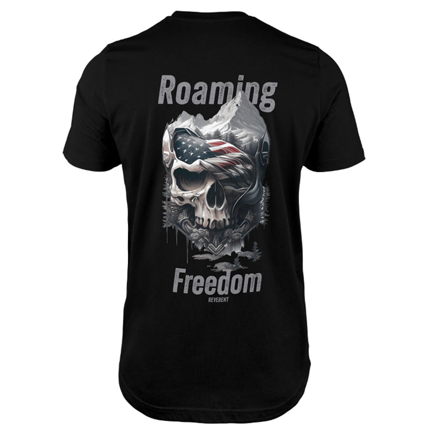 Roaming Freedom Patriotic Skull T-Shirt with skull design and American flag
