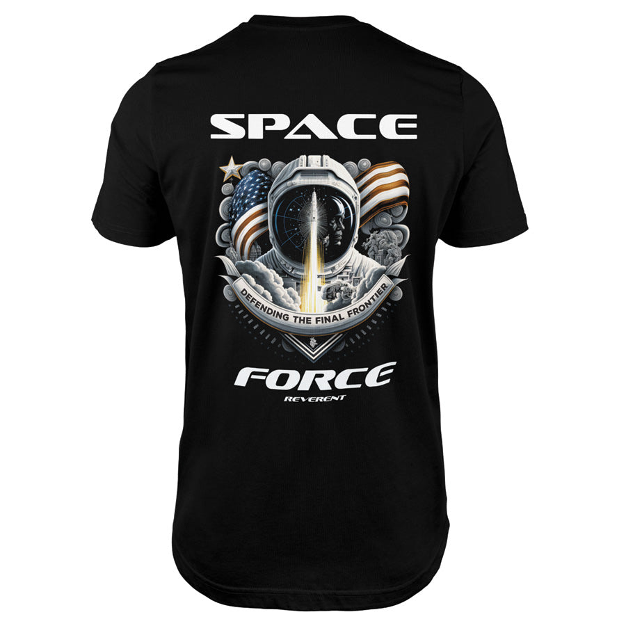 American flag with the Space Force slogan on a patriotic t-shirt for men from Reverent