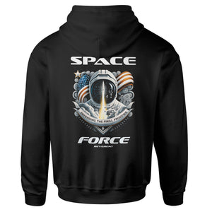 American flag with the Space Force slogan on a patriotic hoodie for men from Reverent